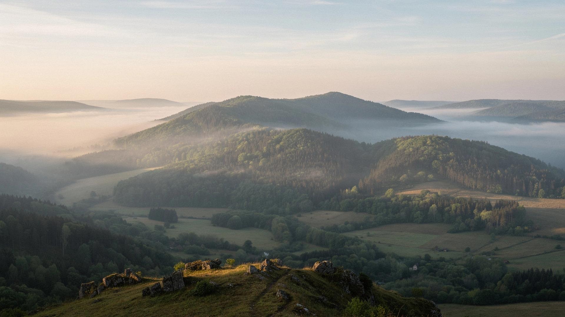 Ridge line above a forested valley on a weekend walking route in the Carpathians